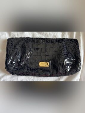 Nine West Black Croc-Embossed Patent Wristlet Clutch with Gold Plaque